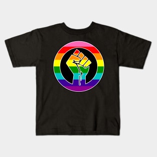 Black Lives Matter Fist Circled LGBTQ Flag Gilbert Baker Original Rainbow Pride Kids T-Shirt